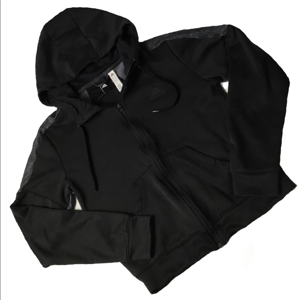 𝅺Adidas Full Zip Black Hoodie with Contrast Shoulder Panel. Sz. 8-10